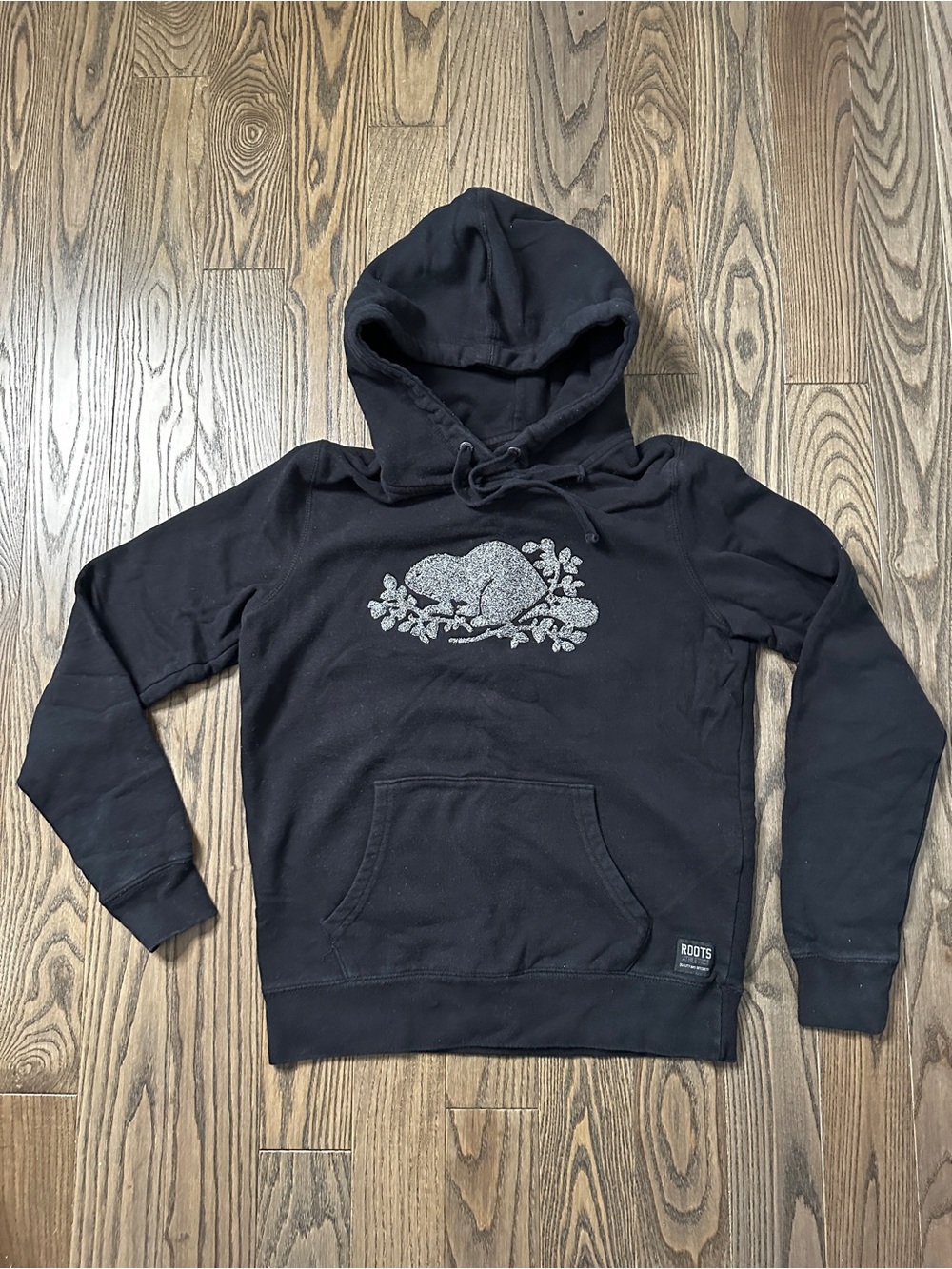 Roots Black Hoodie with Graphic Beaver
